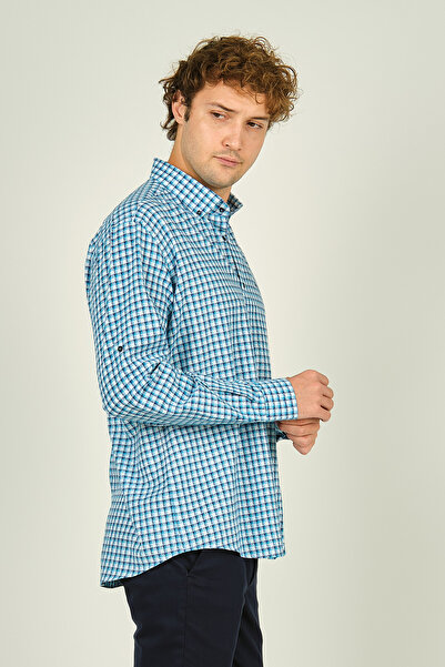 figs Синя сорочка Slim Fit в клітинку для чоловіків - 100% бавовна, довгі рукави 0016