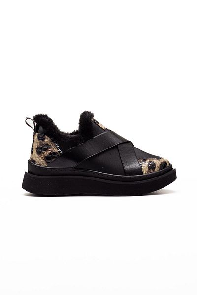 layki Nesica Black Color Furry Leopard Leather Pattern Elastic Parachute Fabric Walking Shoes