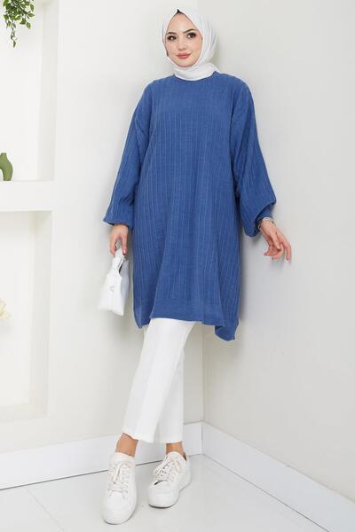 hafsamina Indigo Balloon Sleeve Knitwear Tunic - Hm2519
