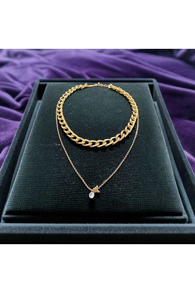 MR Thick Gourmet Chain and Thin Chain Stone Butterfly Figure Necklace