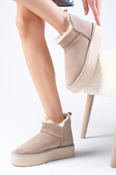 Mio Gusto Bronte Genuine Suede Beige Women's Platform Sole Boots
