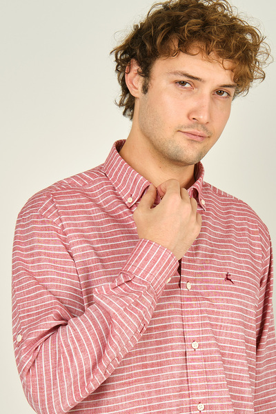 figs Men's Slim Fit Striped Long Sleeve 100% Cotton Shirt 0015 Red