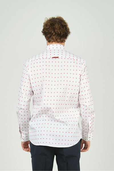 De Leone Men's Slim Fit Long Sleeve Print 100% Cotton Shirt 2043 Red