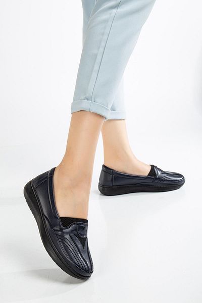 Dilimler Ayakkabı Genuine Leather Orthopedic Women's Shoes - Dark Blue Embroidered Face, Large Size