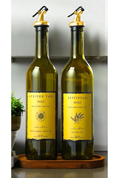 Trend Home Life Ahşap Stantlı Amber 2 Adet Gold Tıpalı Gold Etiketli 750 Ml Zeytinyağı Ayçiçek Yağı Sıvı Yağ Şişesi