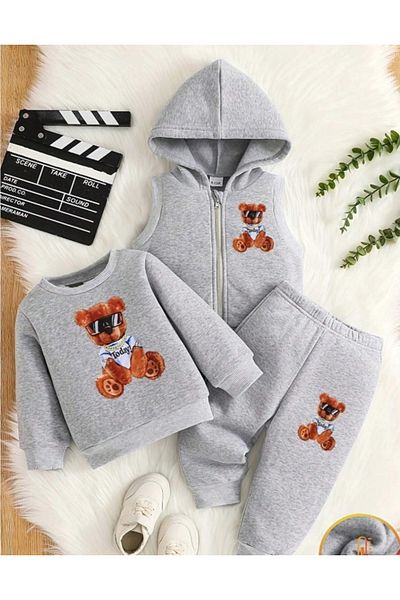 MORNİNG KİDS Boy's 3-Pack Gray Bear Printed Zippered Vest Sweatshirt Tracksuit Set