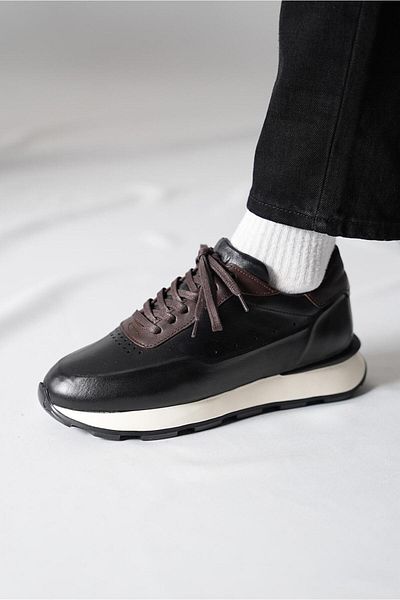 TETRİ Rozak Model Genuine Leather Handmade Men's White - Black Sneakers