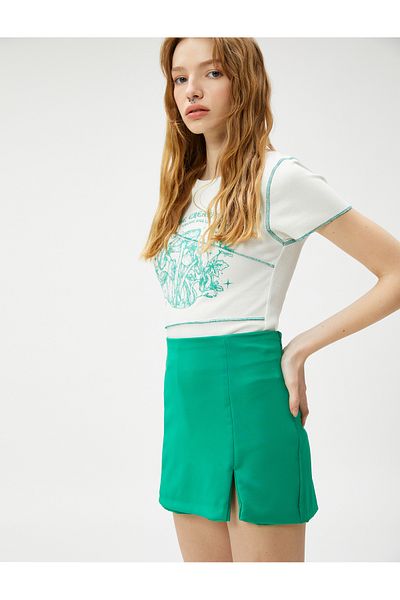 Koton Crop T-Shirt Printed Ribbed Crew Neck Short Sleeve