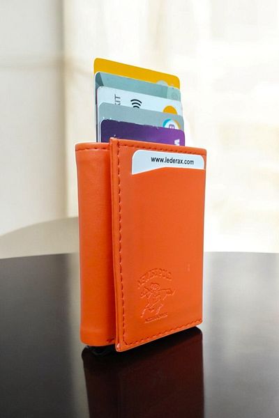 Lederax Faux Leather Orange Card Holder Wallet with Mechanism