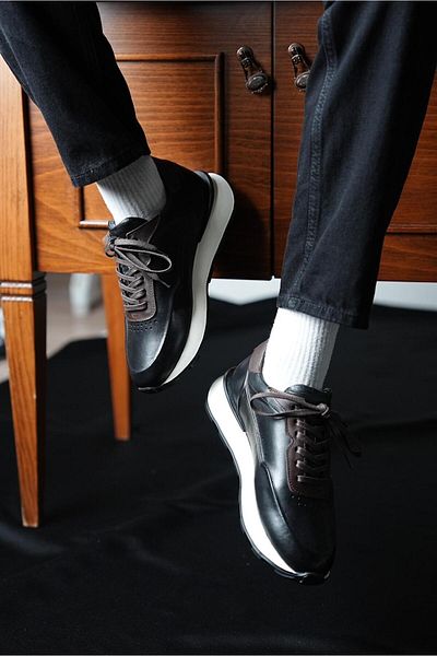 TETRİ Rozak Model Genuine Leather Handmade Men's White - Black Sneakers