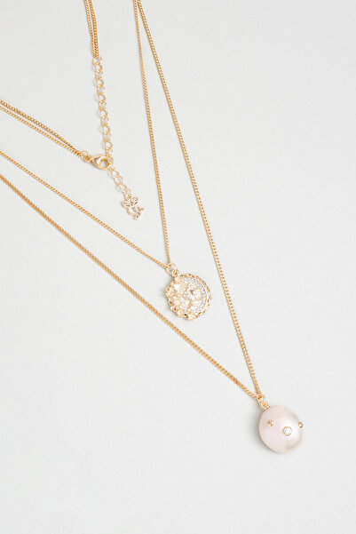 So CHIC... Rönesans 18 Ayar Sarı Altın Kaplama 44 Cm Gümüş İkili İnci Kolye