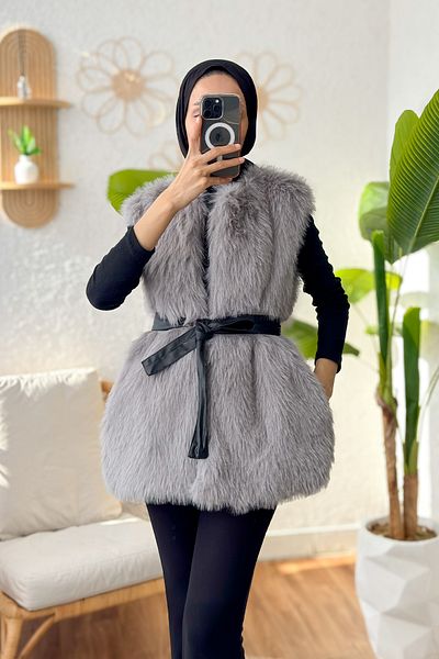 Salih Çelebi Belted Plush Vest 24113 - Gray