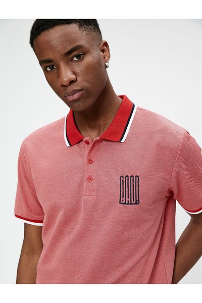 Koton Slim Fit Polo Neck T-Shirt - Buttoned and Slogan Embroidered