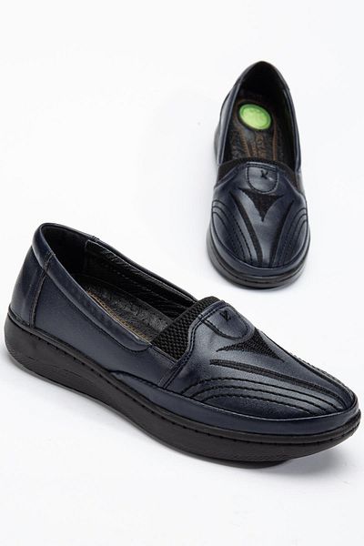 Dilimler Ayakkabı Genuine Leather Orthopedic Women's Shoes - Dark Blue Embroidered Face, Large Size