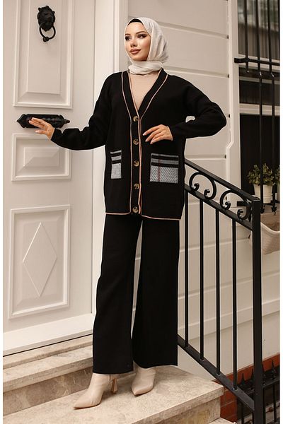 sefamerve Black Knitwear Set - Pocket and Cardigan 24116-02