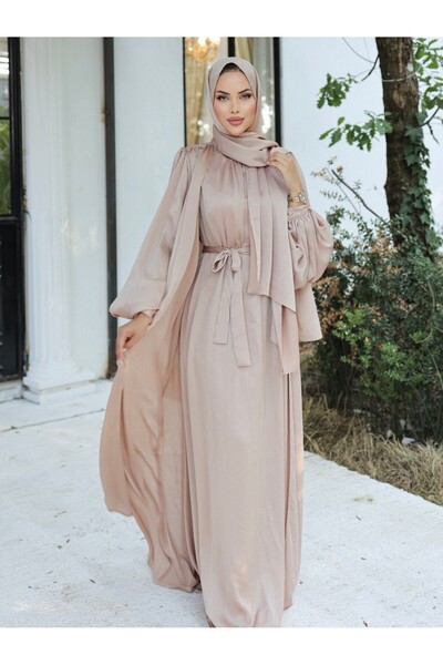 Modamorfo طقم عباءة من 3 قطع من الحرير المجعد الساتان - لون بيج