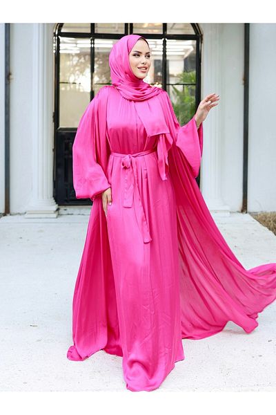 Modamorfo Σετ 3 τεμαχίων Crinkle Silk Satin Abaya - φούξια