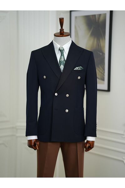 LONATOLİA Men's Premium Italian Style Slim Fit Punto Stitched Bag Pocket Half Lined Double Breasted Jacket - Navy
