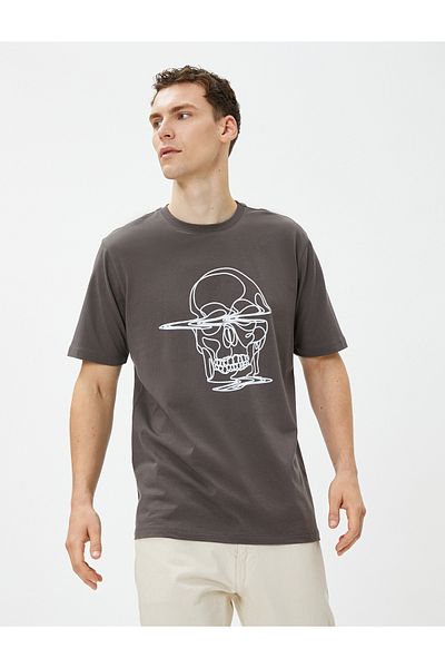 Koton Crew Neck Cotton Short Sleeve Skull Embroidered T-Shirt