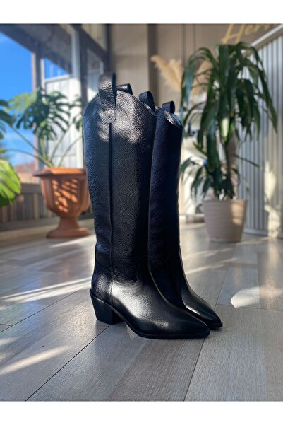 Hermones Rubi Siyah Renk Hakiki Deri Western Uzun Kadın Çizme