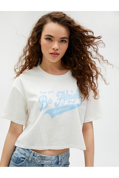 Koton Crop Tshirt με στάμπα Crew λαιμόκοψη κοντό μανίκι βαμβακερό