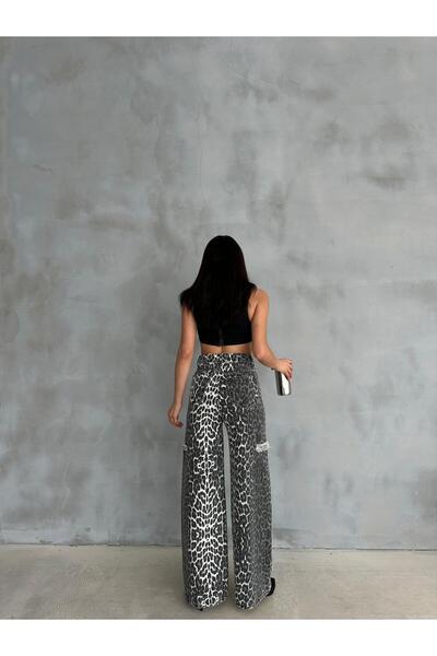 Zeo Basic Leopard Patterned Khaki Baggy Pants - Laser on the Sides