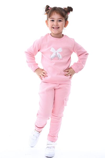 ZUZUNGA Camisole Bow Embroidered Cargo Pocket Detailed Girls' Set Pink Age 3-8