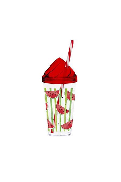 Herevin 660 Cc Crystal Lid Colorful Watermelon Patterned Glass with Straw
