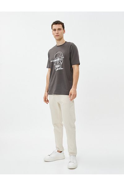Koton Crew Neck Cotton Short Sleeve Skull Embroidered T-Shirt