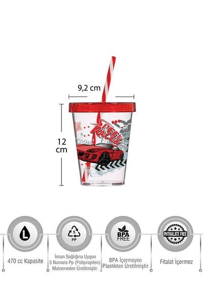 Herevin 450 Cc Car Pattern Cup with Straw