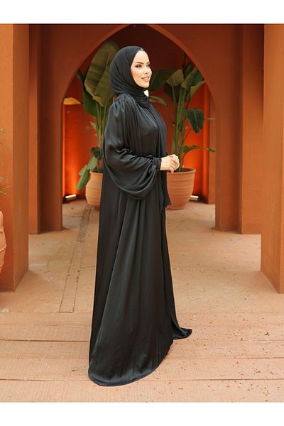 Modamorfo 3-teiliges Abaya-Set aus Crinkle-Seidensatin – Schwarz
