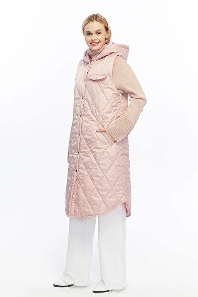 Modabenna Women's Hooded Long Snap Fastener Inflatable Filling Vest