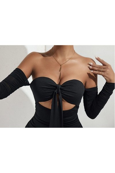 Rosy Live in style Strapless Cut-Out Stylish Dress with Front Bow Tie, Low Waist, Drawn-Up Sides, and Sleeves