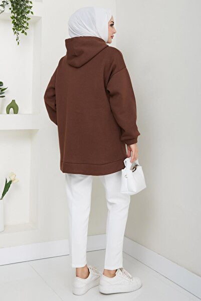 hafsamina 3 Thread Hooded Zippered Brown Sweatshirt - Hm2648