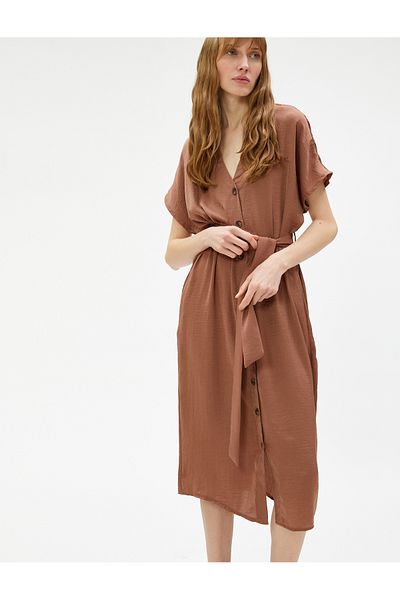Koton Shirt Dress Midi Length V-Neck Belted