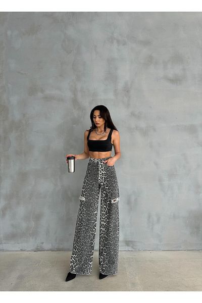 Zeo Basic Leopard Patterned Khaki Baggy Pants - Laser on the Sides