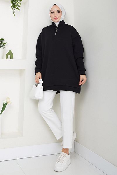 hafsamina Zippered 3 Thread Raised Stand Collar Sweatshirt Tunic Black Hm2650