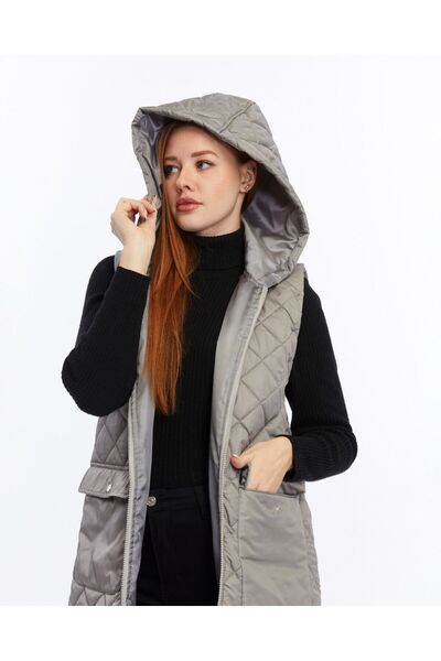 Modabenna Γυναικείο μακρύ πουπουλένιο γιλέκο με φερμουάρ με κουκούλα