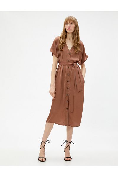 Koton Shirt Dress Midi Length V-Neck Belted