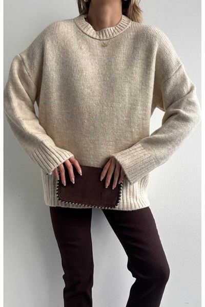 yeditepe fashion Burgundy Crew Neck Oversize Knitwear Women's Sweater