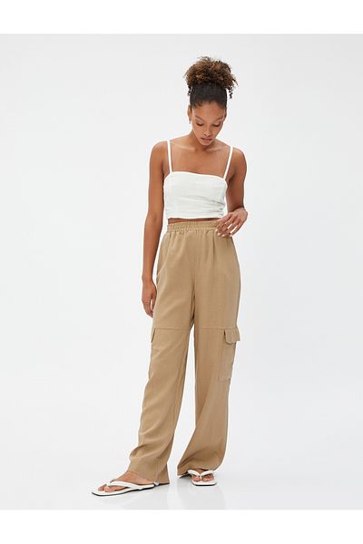 Koton Cargo Pants Linen Blend Elastic Normal Waist Pocket Detailed