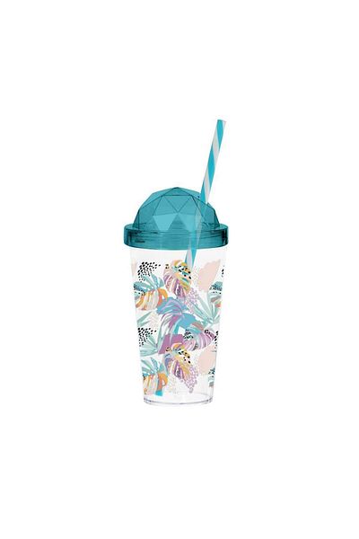 Herevin 660 cc Diamond Lid Leaf Patterned Glass with Straw