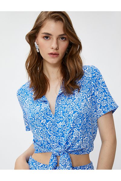 Koton Μπλούζα Viscose Crop - Μπροστινό δεμένο γιακά πουκάμισου