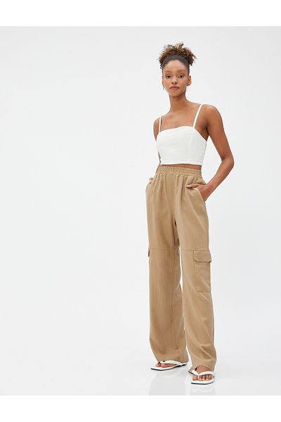 Koton Cargo Pants Linen Blend Elastic Normal Waist Pocket Detailed
