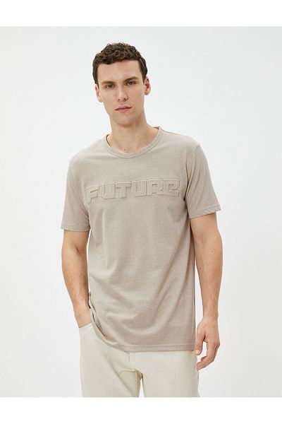 Koton Basic T-Shirt Embossed Slogan Printed Crew Neck Short Sleeve