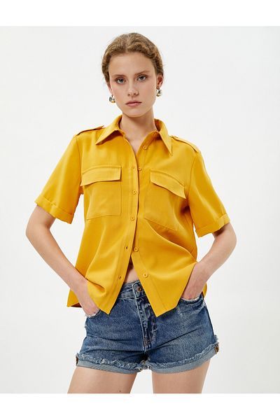 Koton Epaulet Detailed Shirt Pocket Short Sleeve Silky Texture