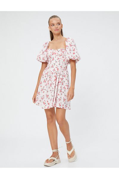 Koton Μίνι λινό φόρεμα Floral κοντό μπαλόνι μανίκια Sweetheart λαιμόκοψη
