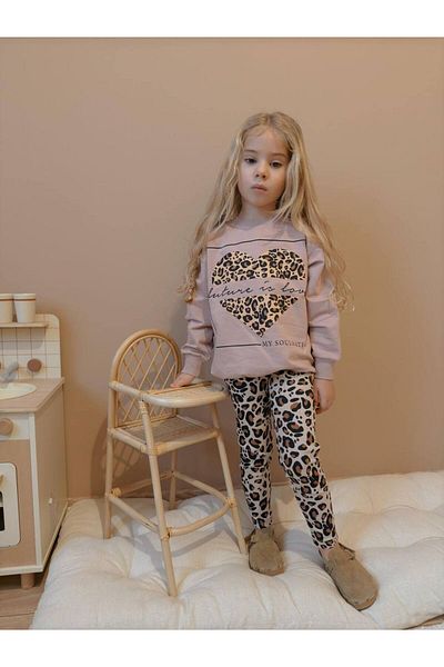 YİGİT BUTİK Leopard Heart Printed Leggings Girl's Bottom Top Set