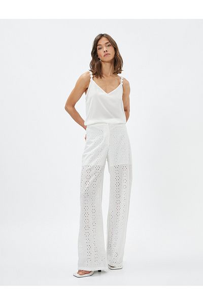 Koton Wide Leg Trousers Scallop Floral Half Lined