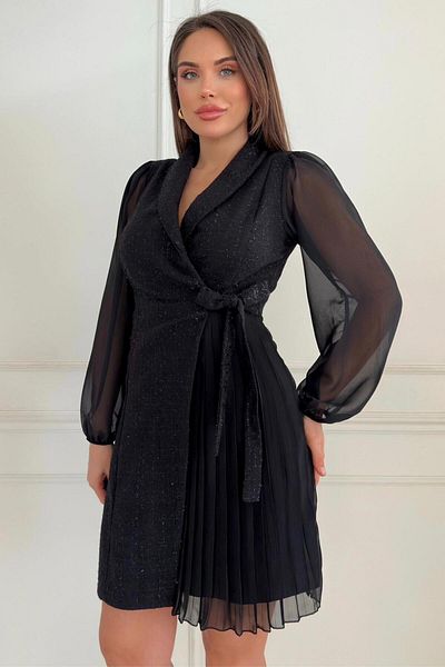 ZISHAN Jachetă, guler, cravată în față, detaliu, tweed, țesătură Chanel, șifon, mâneci, rochie pentru femei 030